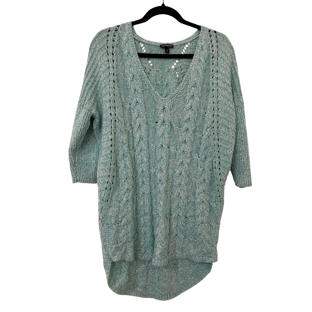 Express Womens M Aqua Blue Cable Knit V-Neck High Low Dolman Fisherman Sweater